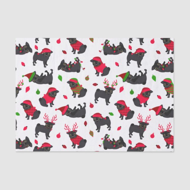 Papel De Seda Preto Natal - Pugs Branco (Frente )
