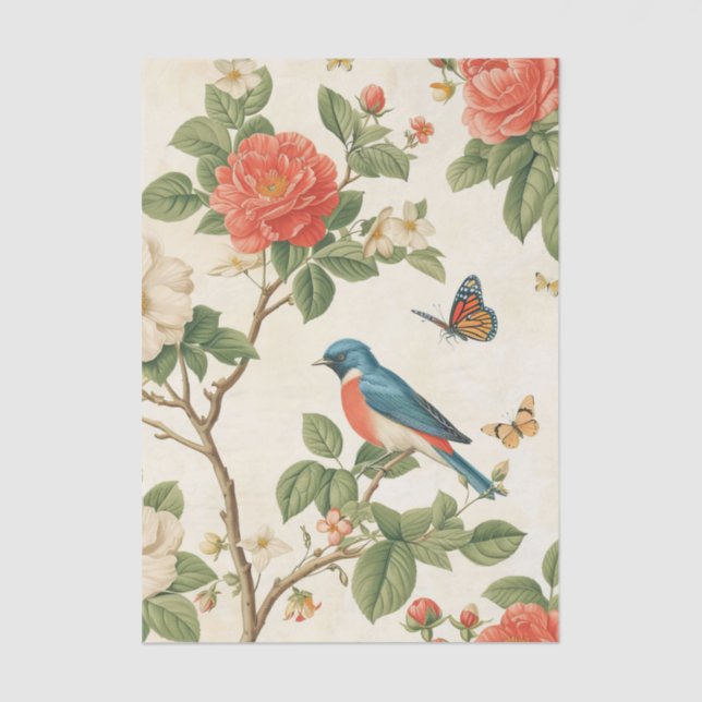 Papel De Seda Pretty Bird and Butterflies with Peony Branches (Frente )