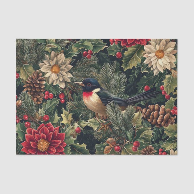 Papel De Seda Pretty Bird on Pine Tree Branches with Flowers (Frente )