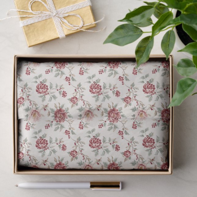 Papel De Seda Pretty Chic Red Cream Floral Birthday (Presente)