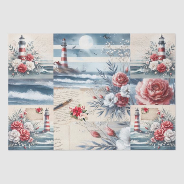 Papel De Seda Pretty Coastal Christmas Lighthouse Collage  (Frente )