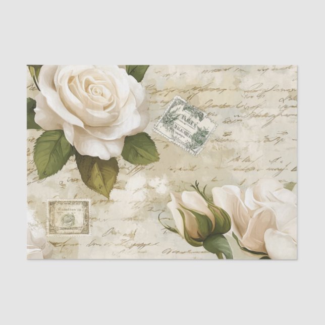 Papel De Seda Pretty Ivory Roses with Simulated Text and Stamps (Frente )