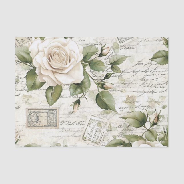 Papel De Seda Pretty Ivory Roses with Simulated Text and Stamps (Frente )