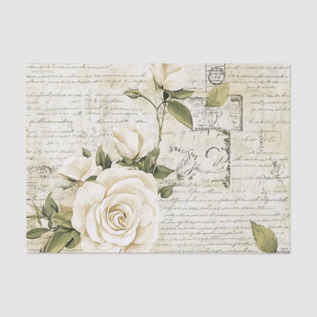 Papel De Seda Pretty Ivory Roses with Simulated Text and Stamps (Frente )