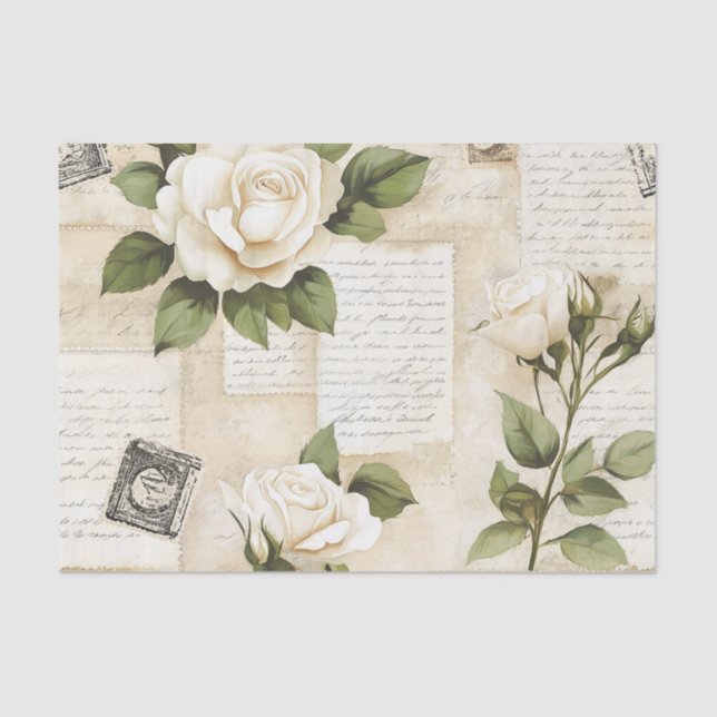 Papel De Seda Pretty Ivory Roses with Simulated Text and Stamps (Frente )