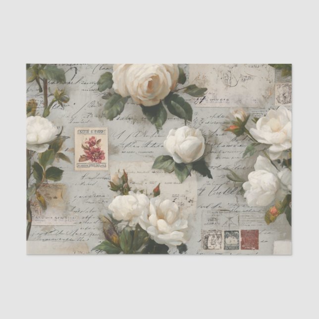 Papel De Seda Pretty Ivory Roses with Simulated Text and Stamps (Frente )