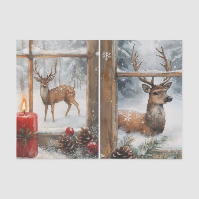 Papel De Seda Pretty Pair of Deer in Window Panes in Winter (Frente )