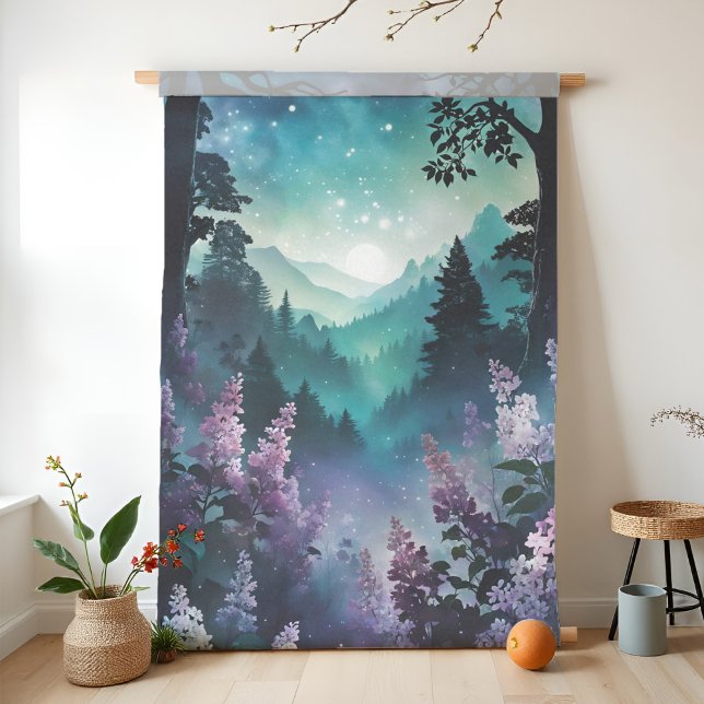Papel De Seda Primavera Celestial Dreamy Lilac Paisagem Floral (Celestial Spring tissue paper featuring a dreamy lilac floral landscape beneath stars and full moon.)