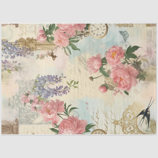 Papel De Seda Primavera com aves e flores | Dissociação (Frente )