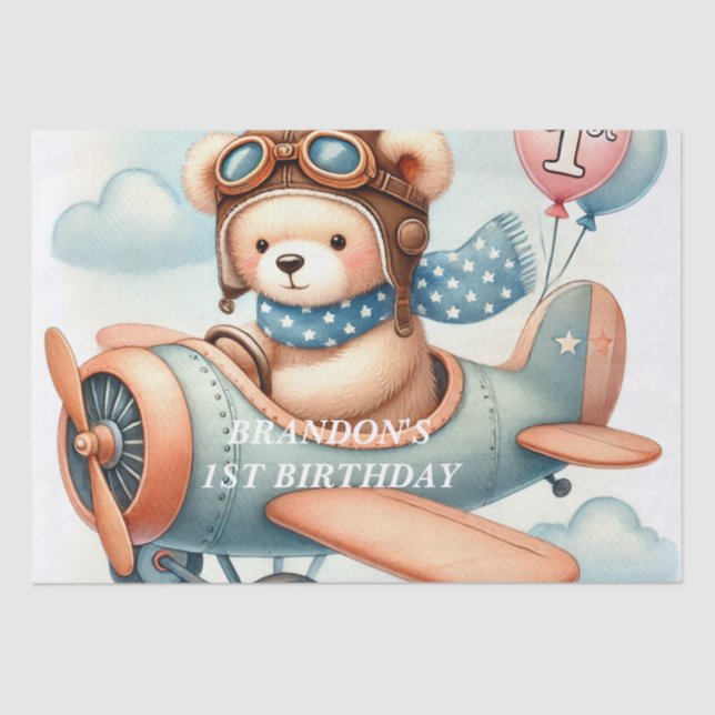 Papel De Seda primeiro aniversario Avião Menino Aquarela Para Ci (Frente )