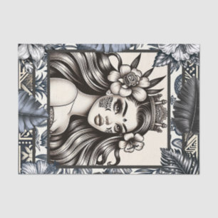 Papel De Seda Princesa Polinésia Floral Tribal Azul