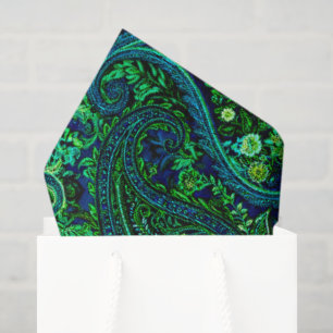 Papel De Seda Profusão Paisley Vibrante Floral Azul Verde  