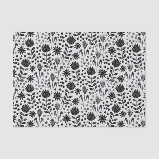 Papel De Seda Protea Floral Impressão Millefleur preto branco (Frente )