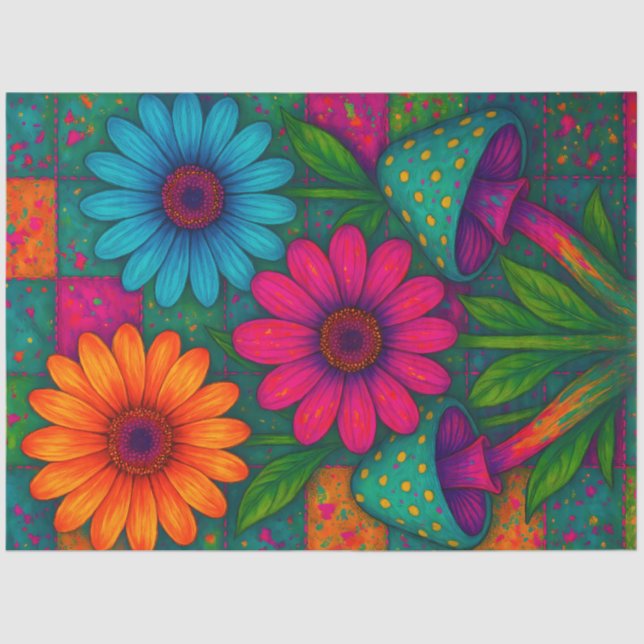Papel De Seda Psychedelic Flowers & Mushrooms Decoupage (Frente )