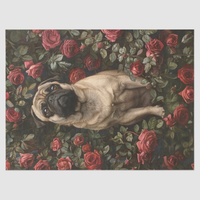 Papel De Seda Pug Elegante Cercado Por Decoupage De Rosas (Frente )
