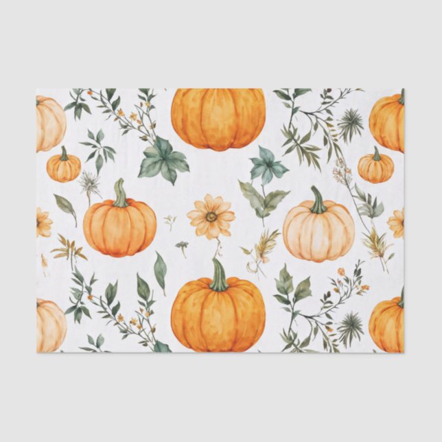 Papel De Seda Pumpkin Watercolor Autumn Patterno para Queda (Frente )