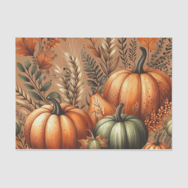 Papel De Seda Pumpkin Watercolor Autumn Patterno para Queda (Frente )