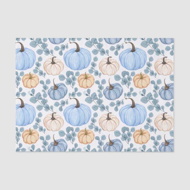 Papel De Seda Pumpkins Azul e Laranja e Folhas de Eucalyptus (Frente )