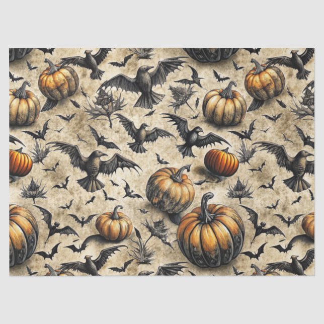 Papel De Seda Pumpkins, Crows e Bats Halloween Padrão (2) (Frente )