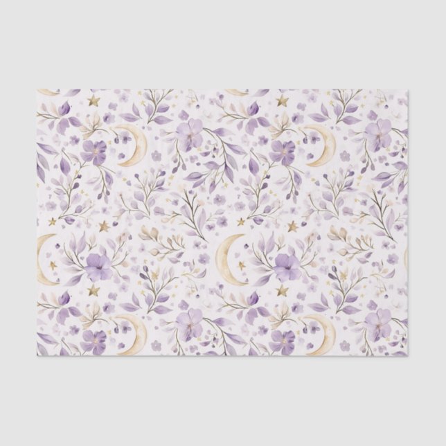 Papel De Seda Purple White Moons & Stars Floral Baby Shower (Frente )
