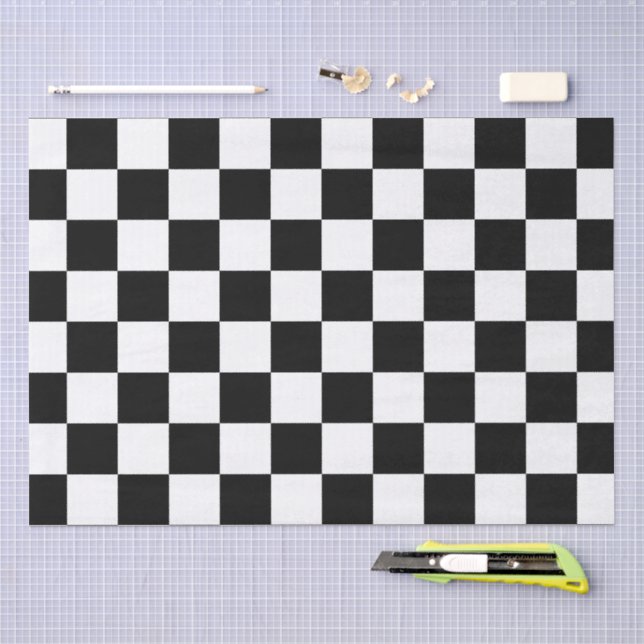 Papel De Seda Quadrados xadrez preto e branco geométrico retrô (Arte )