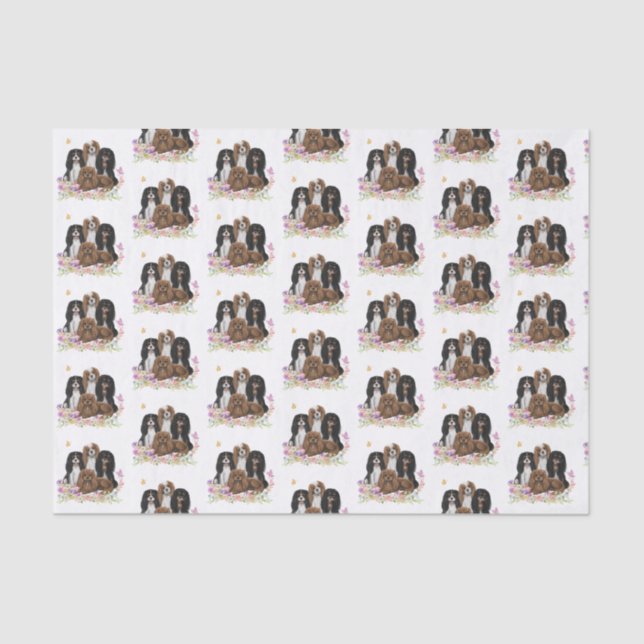 Papel De Seda Quatro Cavaleiros, Rei Charles Spaniels, em Flores (Frente )