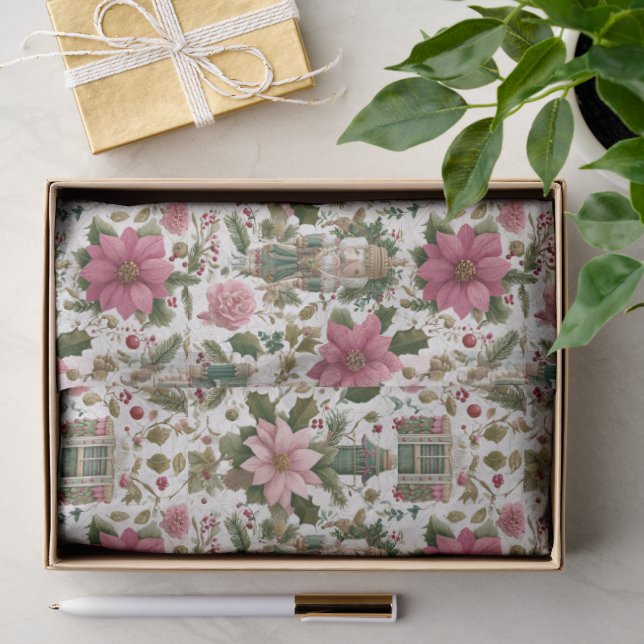 Papel De Seda Quebra-Nozes Verde com Florais de Férias (Presente)