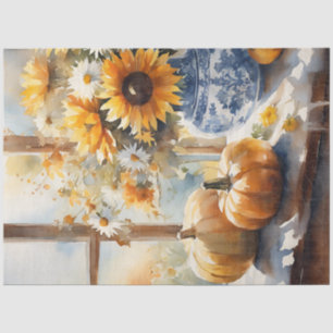 Papel De Seda Queda Abóbora Pumpkin Girassol Flor Azul Branco