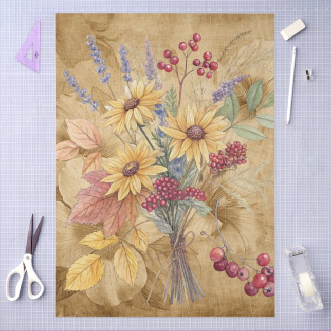 Papel De Seda Queda de aquarela Flores selvagens em pergaminho (Arte )