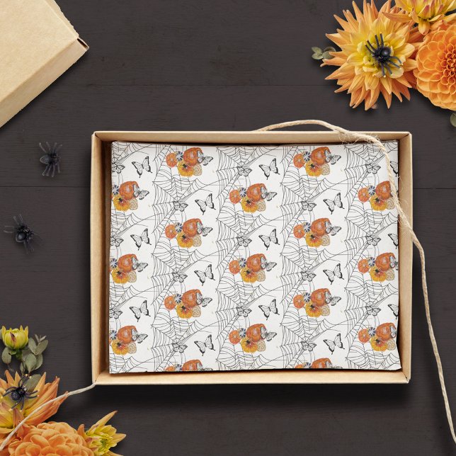 Papel De Seda Queda Laranja na Web da Borboleta Floral do Hallow (Cottagecore Victorian Halloween handpainted fall florals with spiders and butterflies original art)