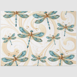 Papel De Seda Quirky Dragonfly Pattern em Aqua e Dourado