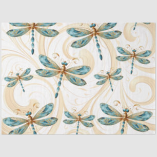 Papel De Seda Quirky Dragonfly Pattern em Aqua e Dourado