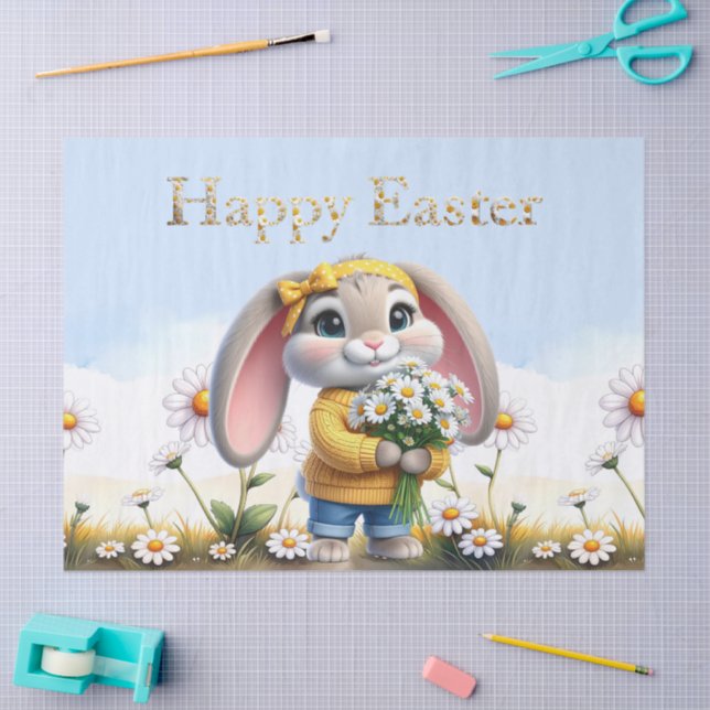 Papel De Seda Rabbit pink ears white daisies Happy Easter (Arte )