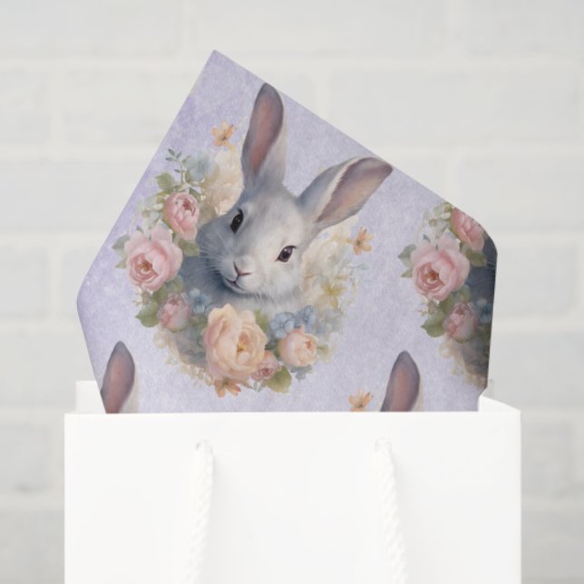 Papel De Seda Rabbit Surrounded by Pastel Flowers Cute Pattern (Sacola de presentes)