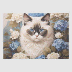 Papel De Seda Ragdoll Cat Com Flores De Hydrangea Azuis
