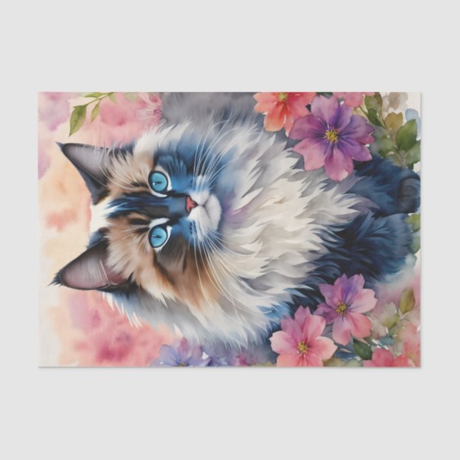 Papel De Seda Ragdoll Cat Retrato Floral (Frente )