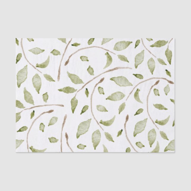 Papel De Seda Ramificações de Aquarela com Design de Folhas Verd (Frente )