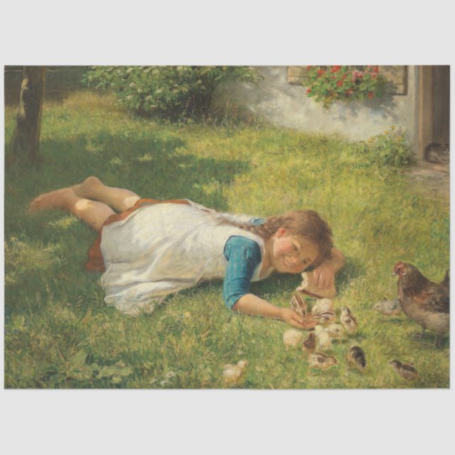 Papel De Seda Rapariga Brincando com Pintinhos (Galinha e Galinh (Frente )