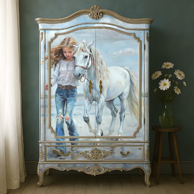 Papel De Seda Rapariga Caminha pela Desnute de Aquicultura de Ca (Blonde Girl Walks White Horse Beach Farmhouse Decoupage Tissue Paper)
