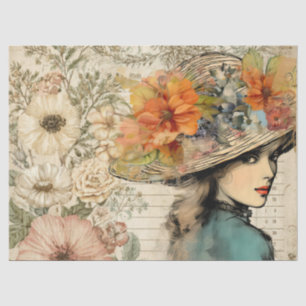 Papel De Seda Rapariga com chapéu Cottagecore Jardim Floral