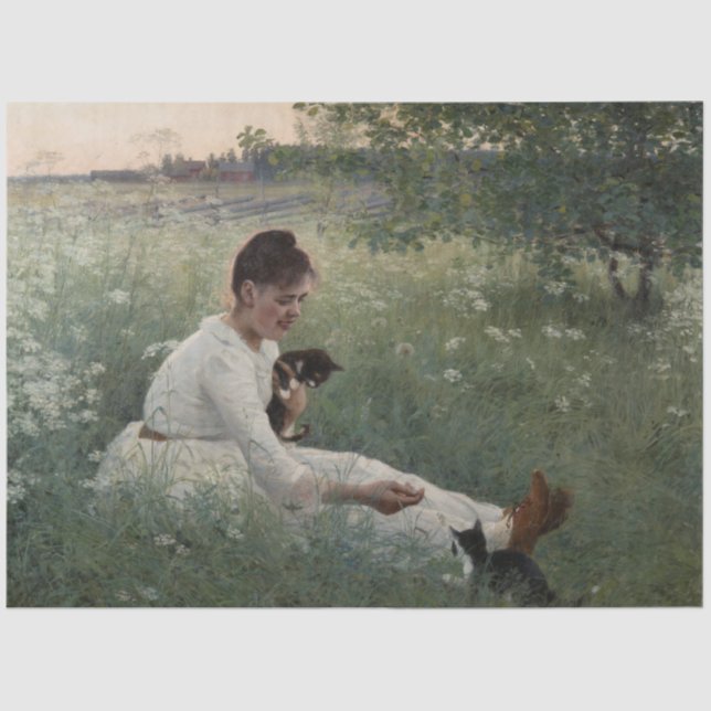 Papel De Seda Rapariga com Gatos na Paisagem de Verão (Kittens) (Frente )