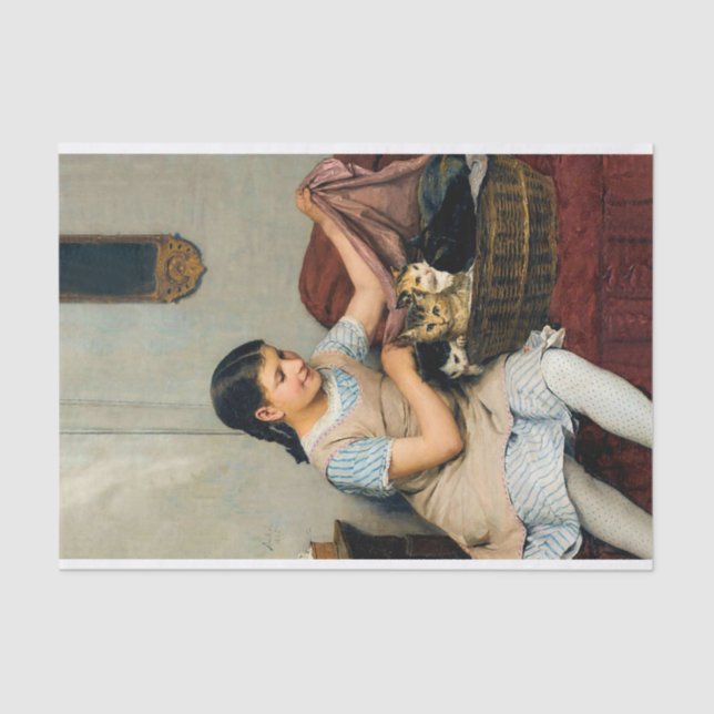 Papel De Seda Rapariga com Kittens na Cesta por Albert Anker (Frente )