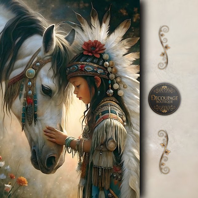 Papel De Seda Rapariga Nativa com Decoupage de Cavalo Branco (Native Girl with White Horse)