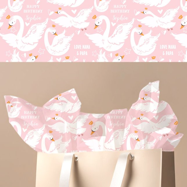 Papel De Seda Rapariga Swan Nome de Aniversário Rosa Branco (Swan Girl Birthday Name Pink White Tissue Paper)