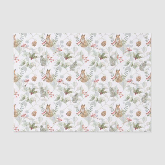 Papel De Seda Raposa de Natal com Aquarela, Sucursais de Pinheir (Frente )