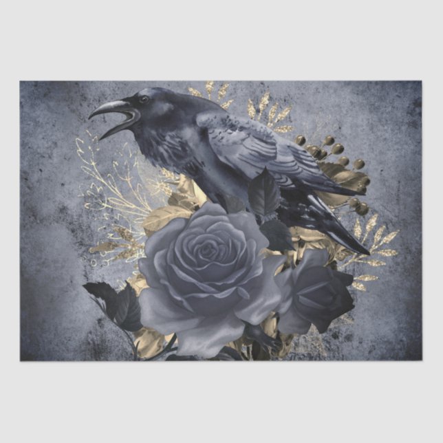 Papel De Seda Raven Bird Dourado Blue/Black Rosa Whimsical (Frente )