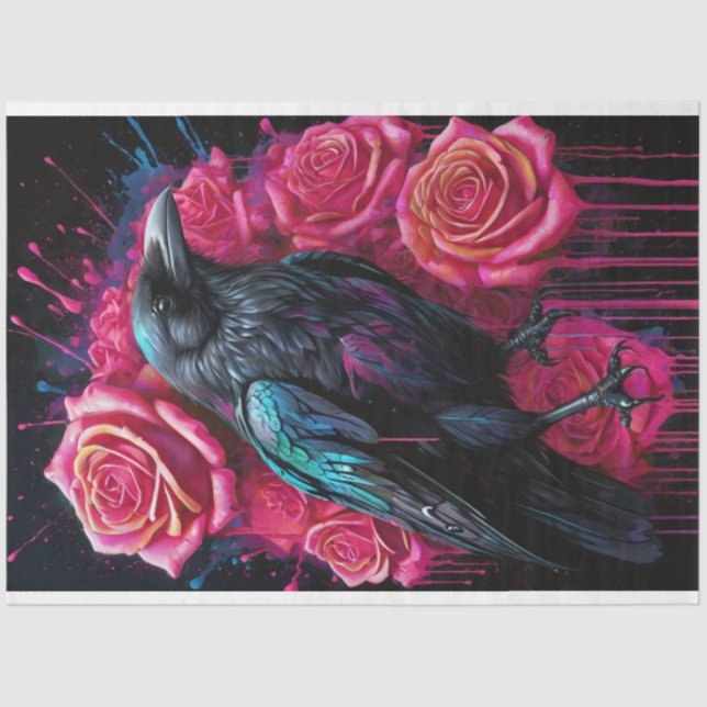 Papel De Seda Raven com Neon Pink Roses Pop (Frente )