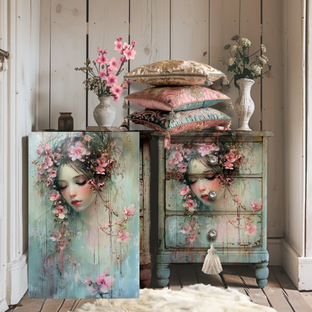 Papel De Seda Realismo Abstrato Rosto de Mulher & Flores de Cere (Raindrops Abstract Realism Ethereal Portrait Feminine face & cherry blossom art for Decoupage)
