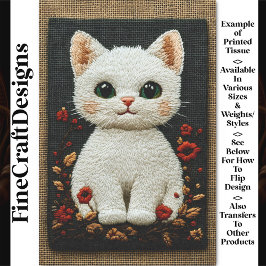 Papel De Seda Realista Gato Branco Bordado BZ8 Decoupage