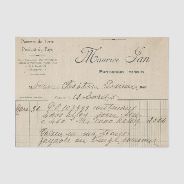 Papel De Seda Recibo Francês Vintage (Frente )